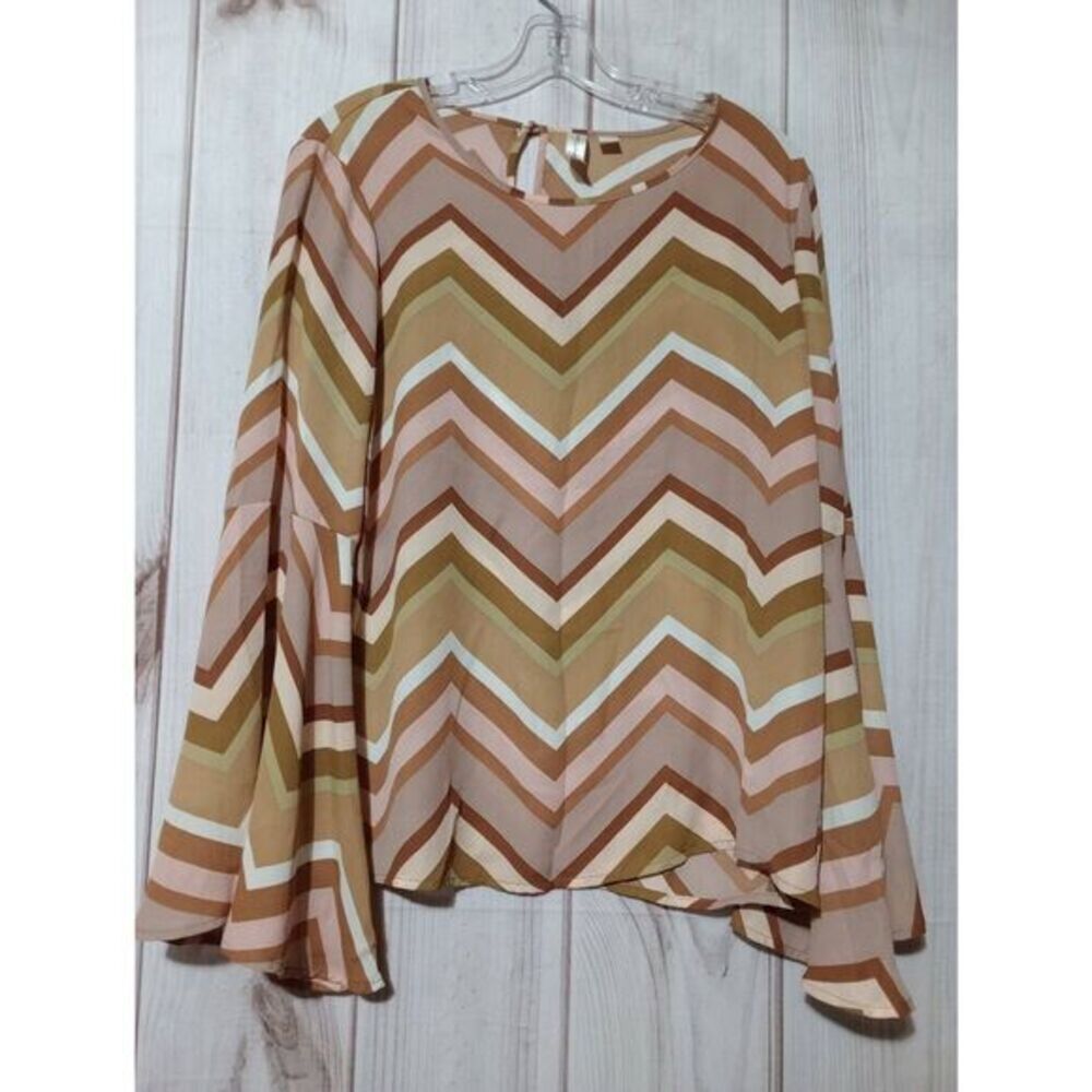 Tacera Shirt Ladies Medium Tan Peach Striped Long Sleeve Light Weight Hippie
